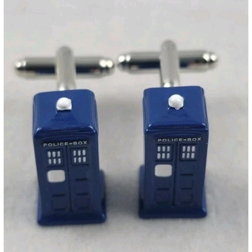 TARDIS CUFFLINKS Dr Who Police Phone Box 3D Blue Enamel Sci-Fi Fan